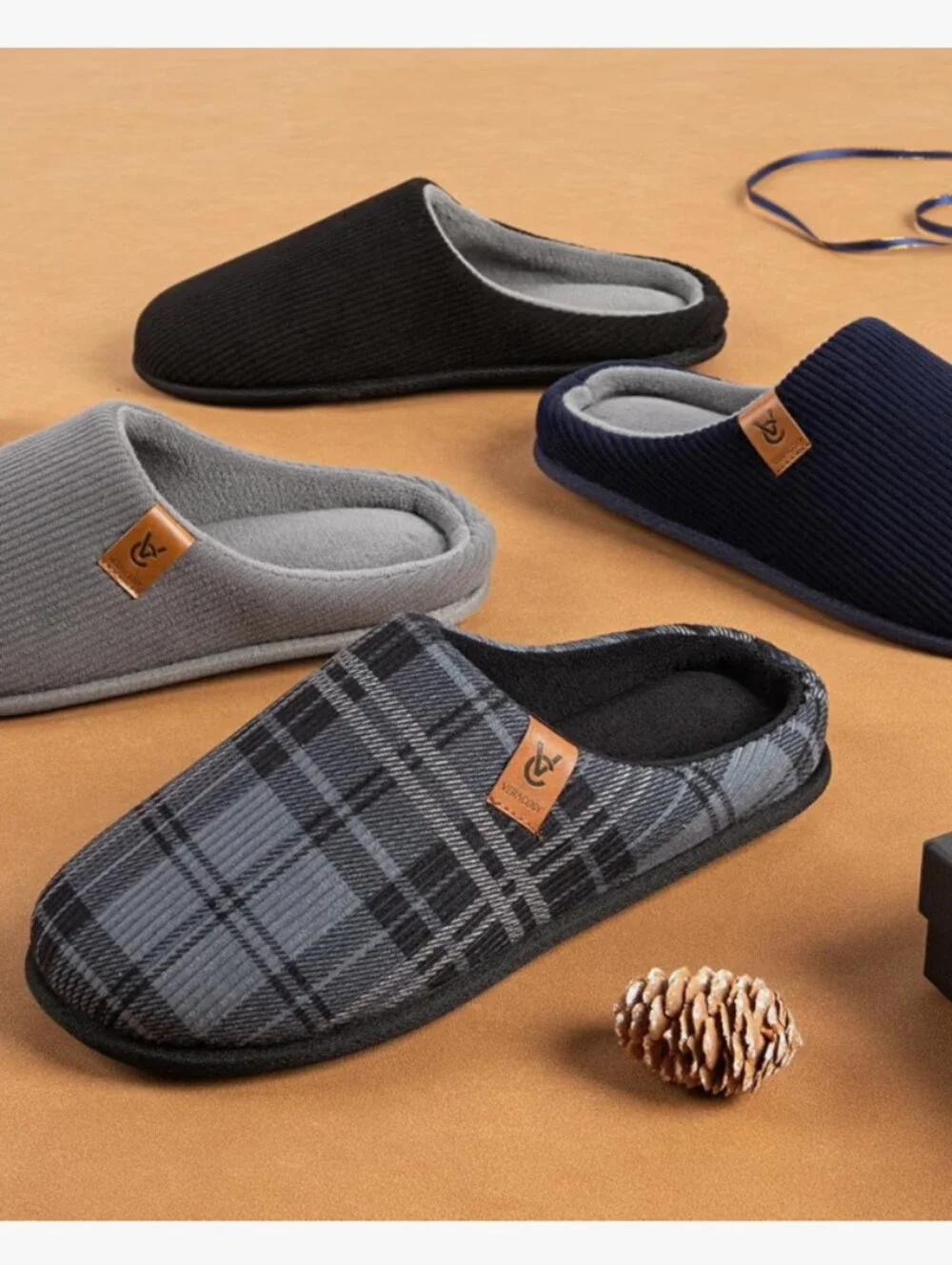 Men's Cozy Slip-on Slippers Corduroy Memory Foam House Shoes